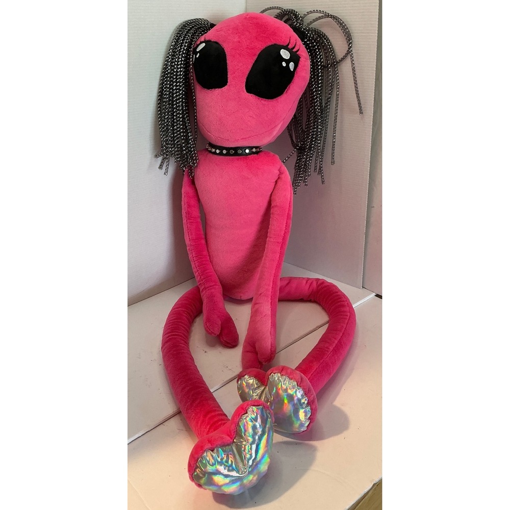 Dolls Kill Pink Alien Plush Large Y2K Metallic Hair Studded Choker 40" Long Alt